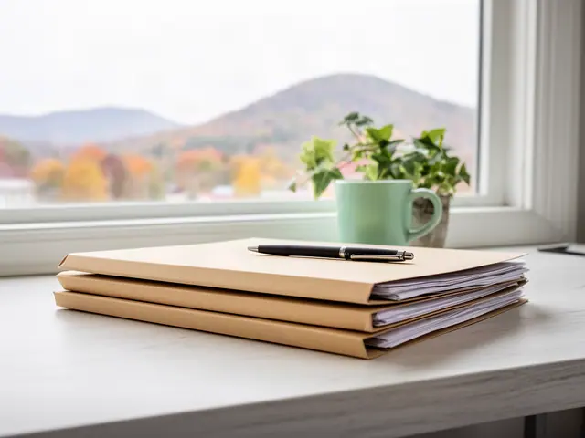 A neat stack of closed manila folders and a pen on a desk by a window.