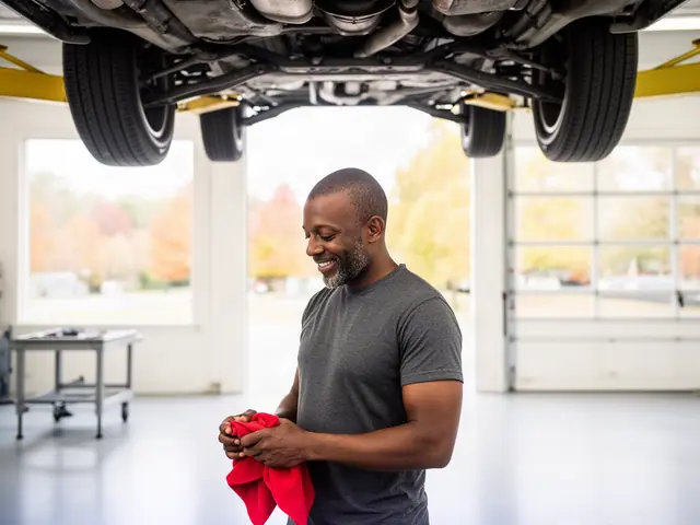 An auto-repair shop owner in a service bay under a lifted car.