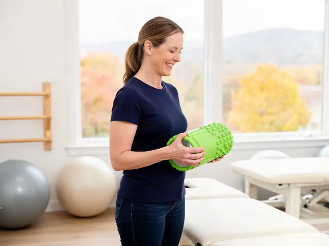 A therapist standing between padded treatment tables in a bright clinic.