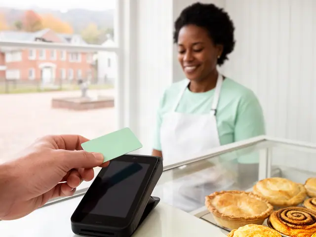 A customer taps a card on a counter terminal at a small bakery.