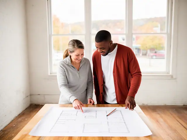 Two business partners looking over a pencil floor sketch in an empty storefront.