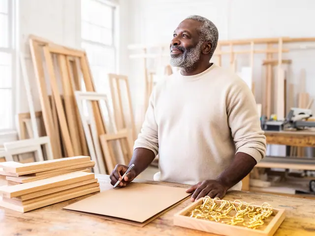 A man with short gray hair at a work table with a closed folder in a small custom-framing and woodworking shop.